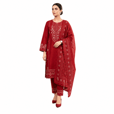 3 Piece Red Lawn Stitched Suit
