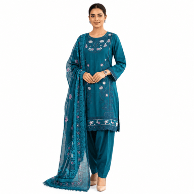 3 Piece Peacock teal Lawn Stitched Suit